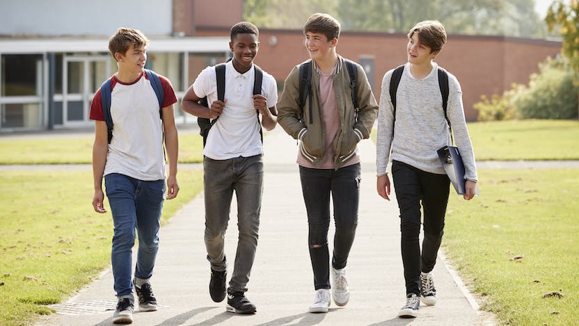 Group of male teenage students walking together